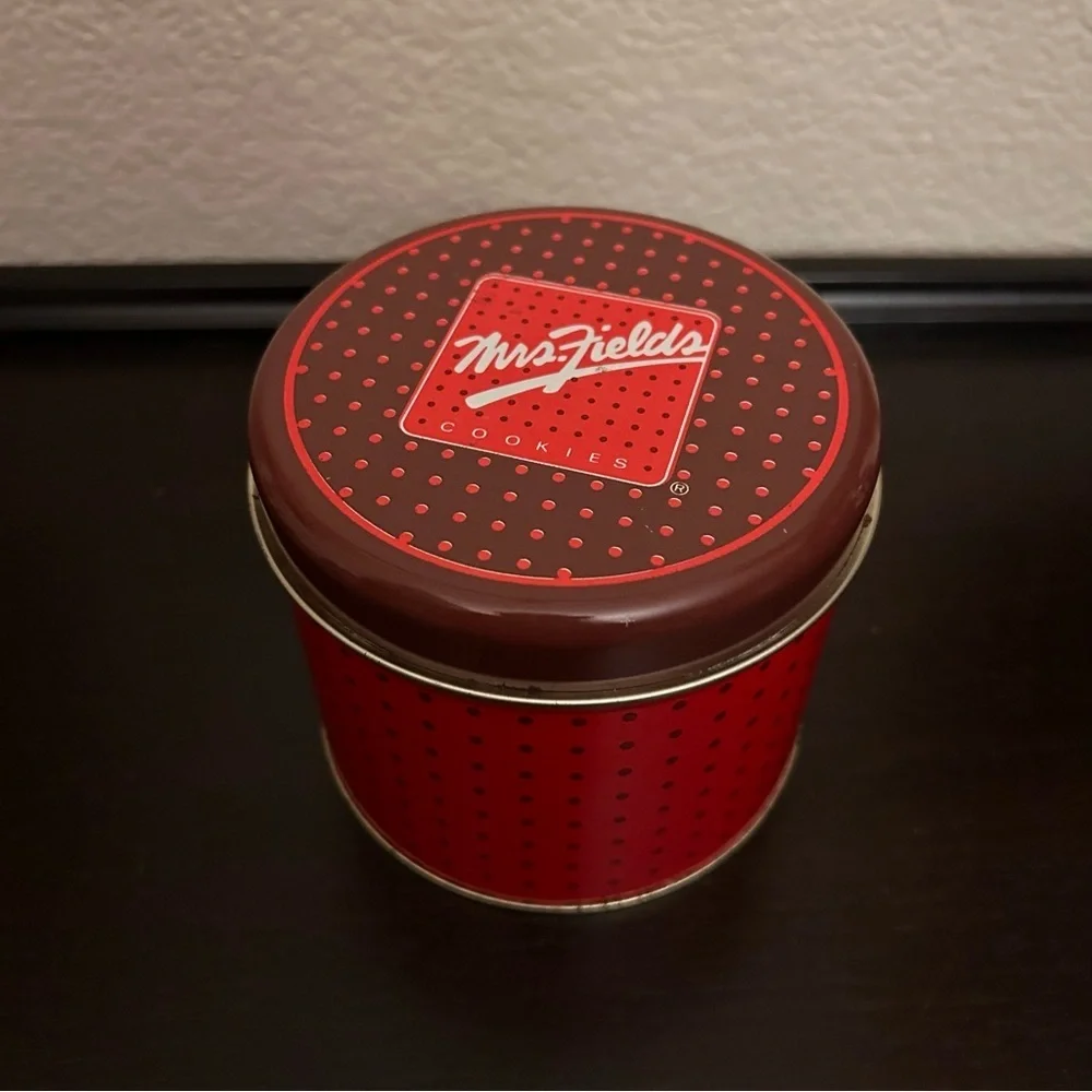 Rare Vintage Mrs Fields cookies tin with polka dot design 4” diameter 4” tall
